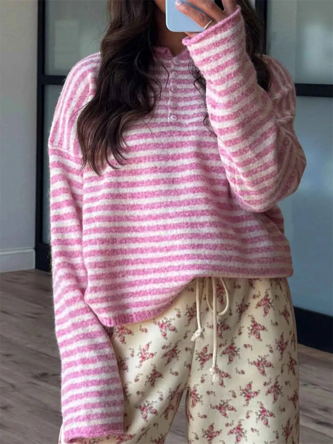 Sarah Express Women's Striped Button Detail Sweater - Dropped Shoulder Knit Top