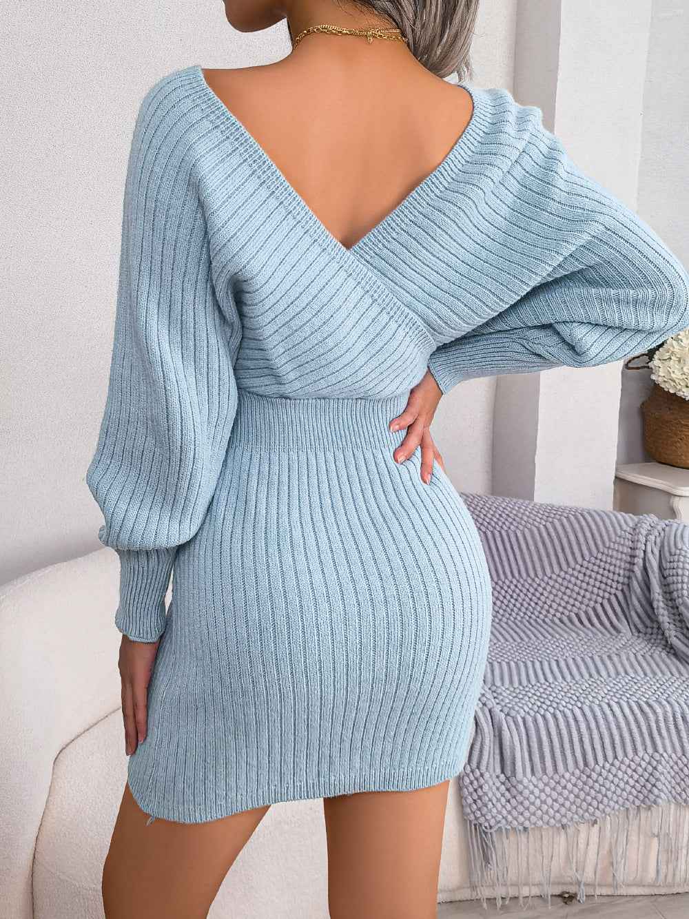 Sarah Express Women's Cross V-Neck Batwing Sleeve Bodycon Sweater Dress - High Waist Knit Dress