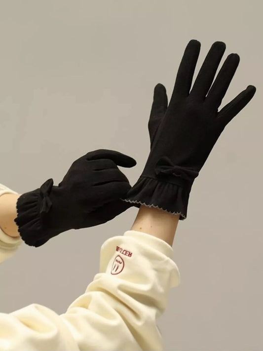 Sarah Express Women's Ruffled Cuff Bow Gloves - Elegant Polyester Accessory Black ONESIZE