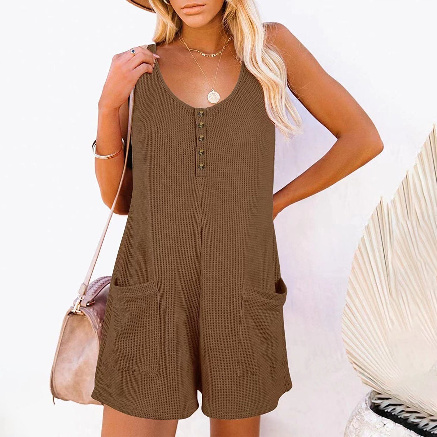 Sarah Express Women's Button Front Sleeveless Romper with Pockets