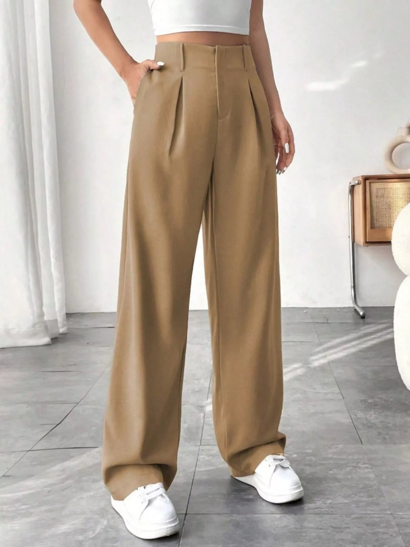 Sarah Express Women's Wide Leg Pleated Pants with Pockets Khaki
