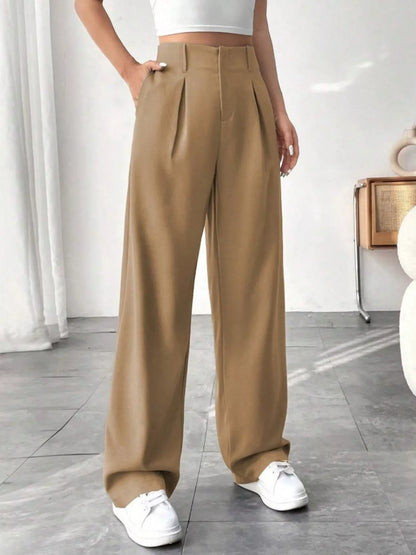 Sarah Express Women's Wide Leg Pleated Pants with Pockets Khaki