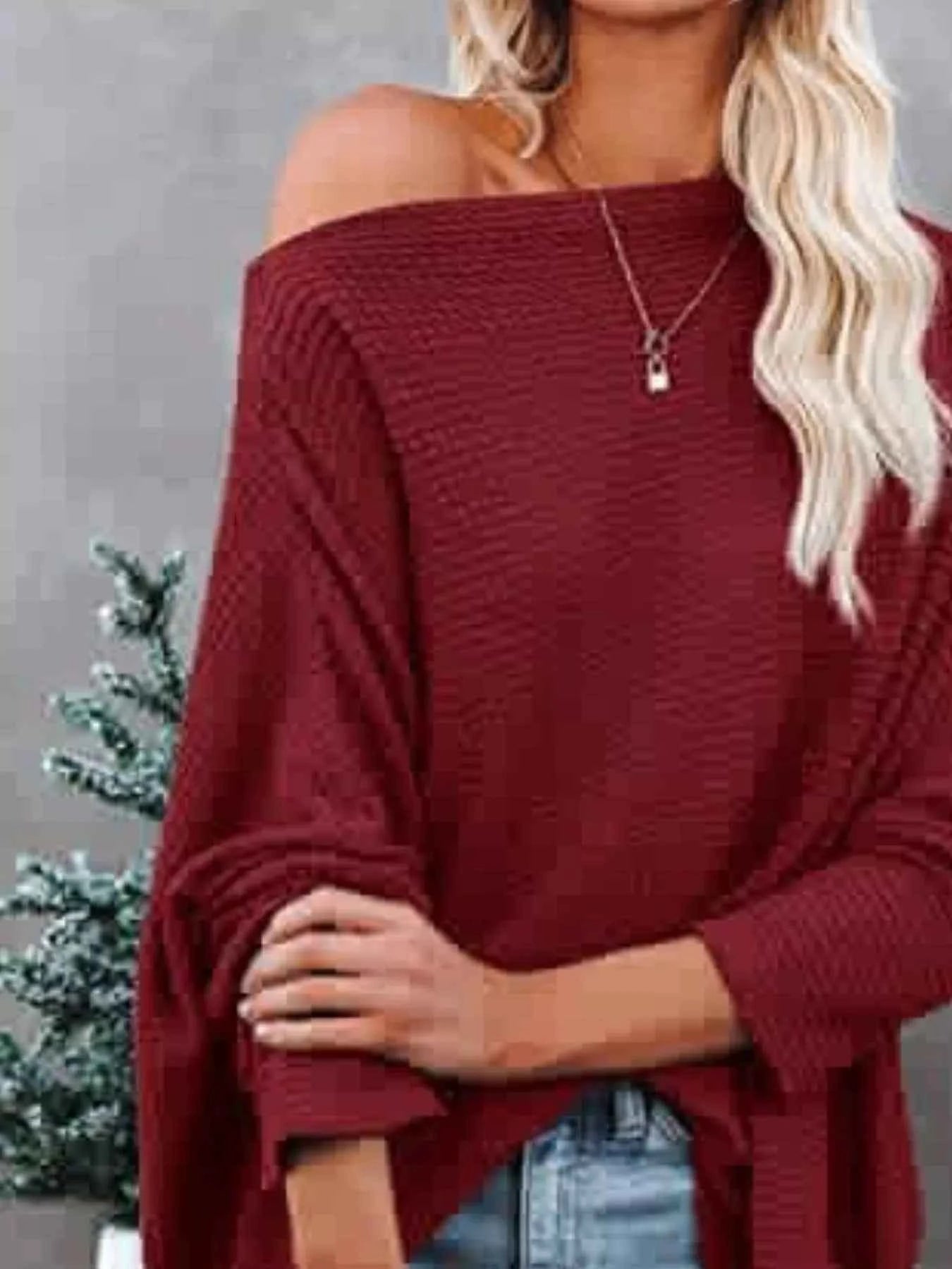 Sarah Express Women's Oversized Waffle Knit Boat Neck T-Shirt