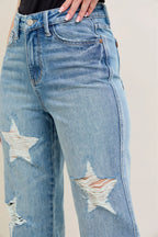 Sarah Express Women’s Plus Size High Rise 90's Straight Jeans with Star Destroy
