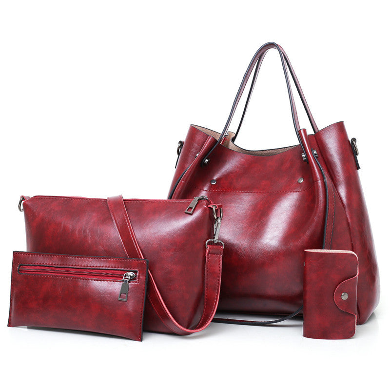 Sarah Express Women's Retro 4-Piece Handbag Set - PU Leather Shoulder Bag with Wallet & Accessories Wine Red