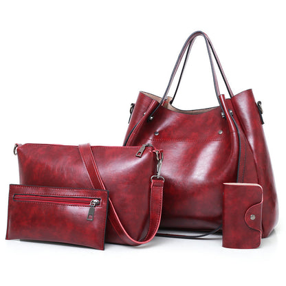 Sarah Express Women's Retro 4-Piece Handbag Set - PU Leather Shoulder Bag with Wallet & Accessories Wine Red