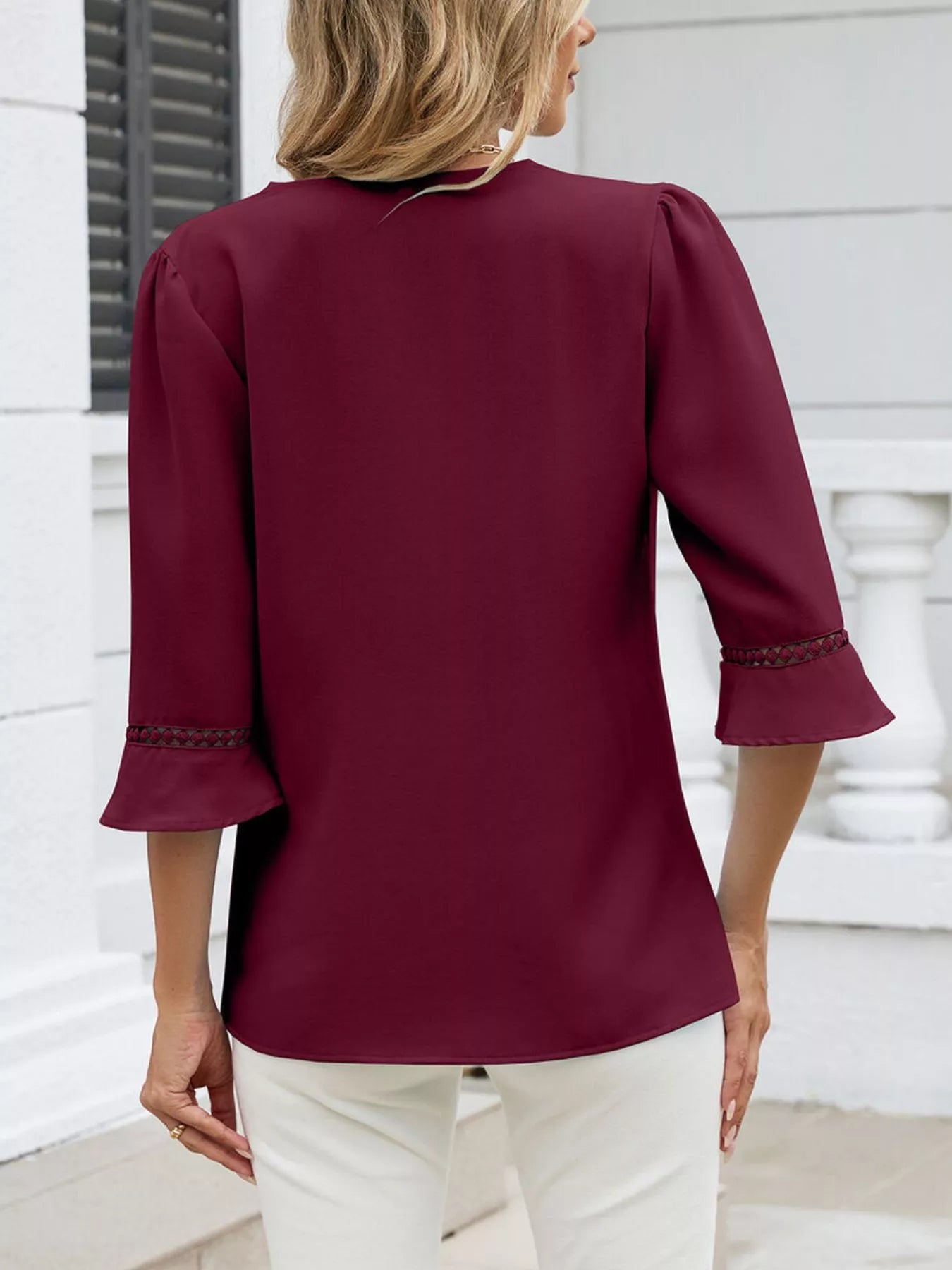 Sarah Express Women's V-Neck 3/4 Sleeve Blouse with Lace Detail