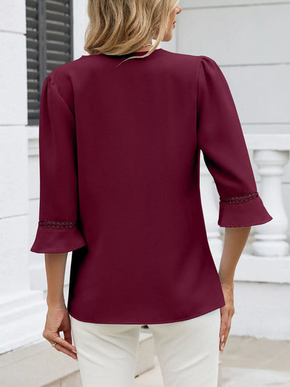 Sarah Express Women's V-Neck 3/4 Sleeve Blouse with Lace Detail