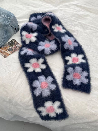 Sarah Express Women's Floral Fuzzy Knit Scarf - Soft Faux Mink Winter Scarf