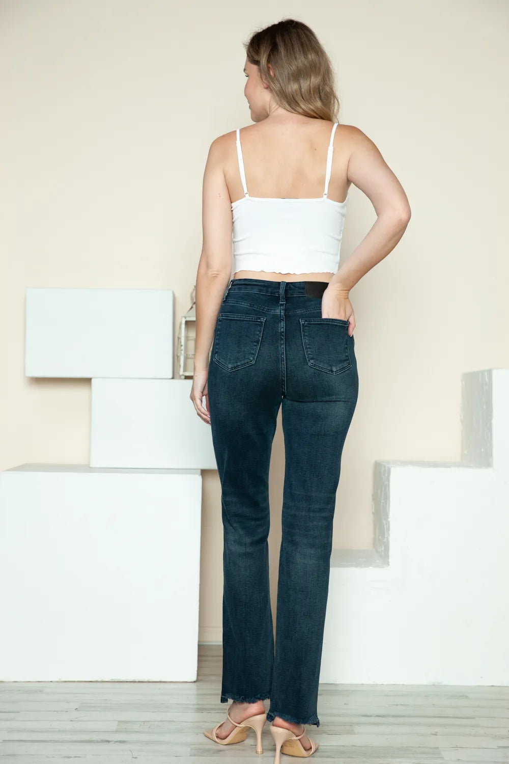 Sarah Express Women's Button Fly Hem Destroy Straight Jeans