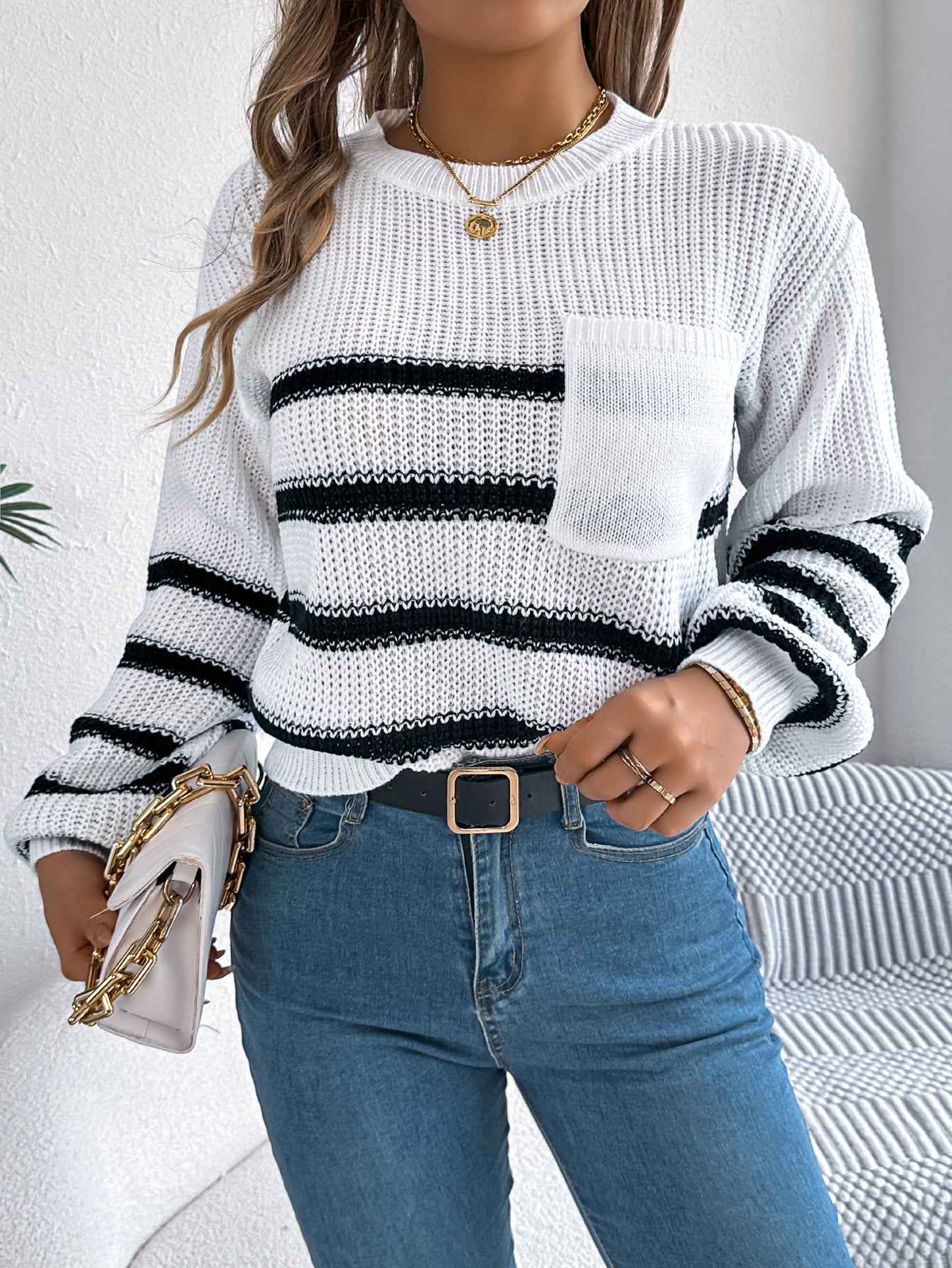 Sarah Express Women's Color Block Stripe Lantern Sleeve Pullover Sweater - Casual Knit Top