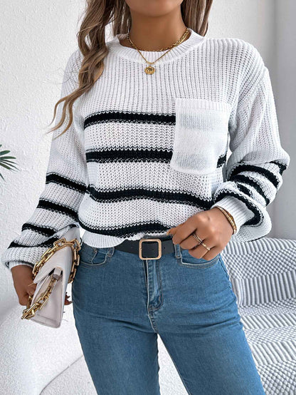 Sarah Express Women's Color Block Stripe Lantern Sleeve Pullover Sweater - Casual Knit Top