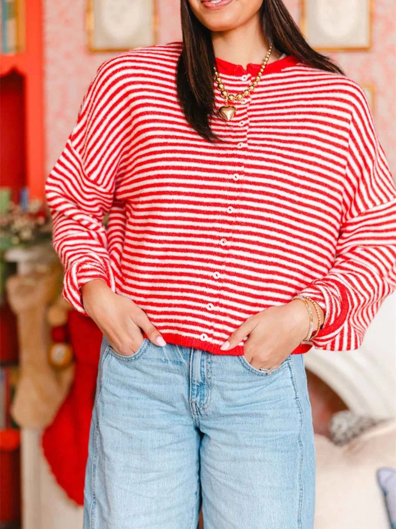 Sarah Express Women's Striped Button-Down Knit Cardigan - Long Sleeve Sweater