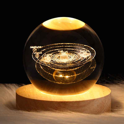 Sarah Express 3D Crystal Ball Night Light - Luminous Planetary Moon Galaxy Projection Lamp with Wooden Base Solid Wood Lamp Holder Solar System 6CM