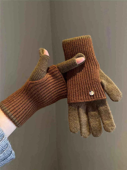 Sarah Express Women's Two-Tone Knitted Gloves - Warm Winter Gloves Brown Caramel ONESIZE