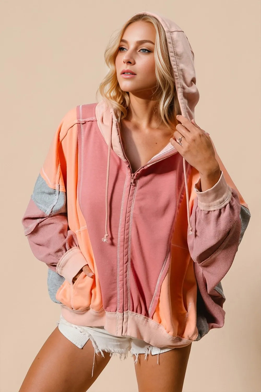 Sarah Express Women's Color Block Zip Up Hoodie Burnt Coral