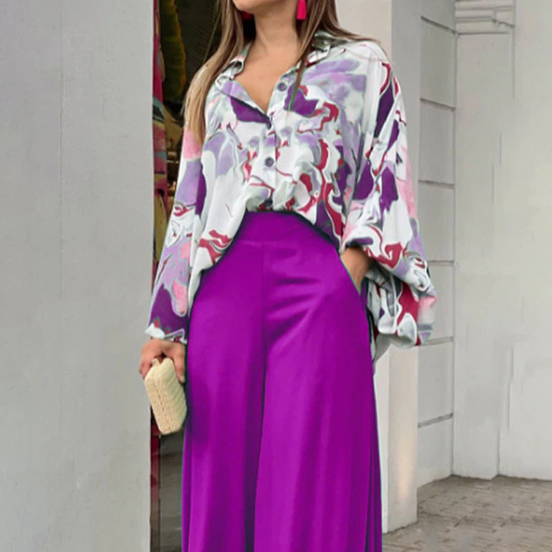 Sarah Express Women's Printed Shirt Wide Leg Pants Set Long Sleeve