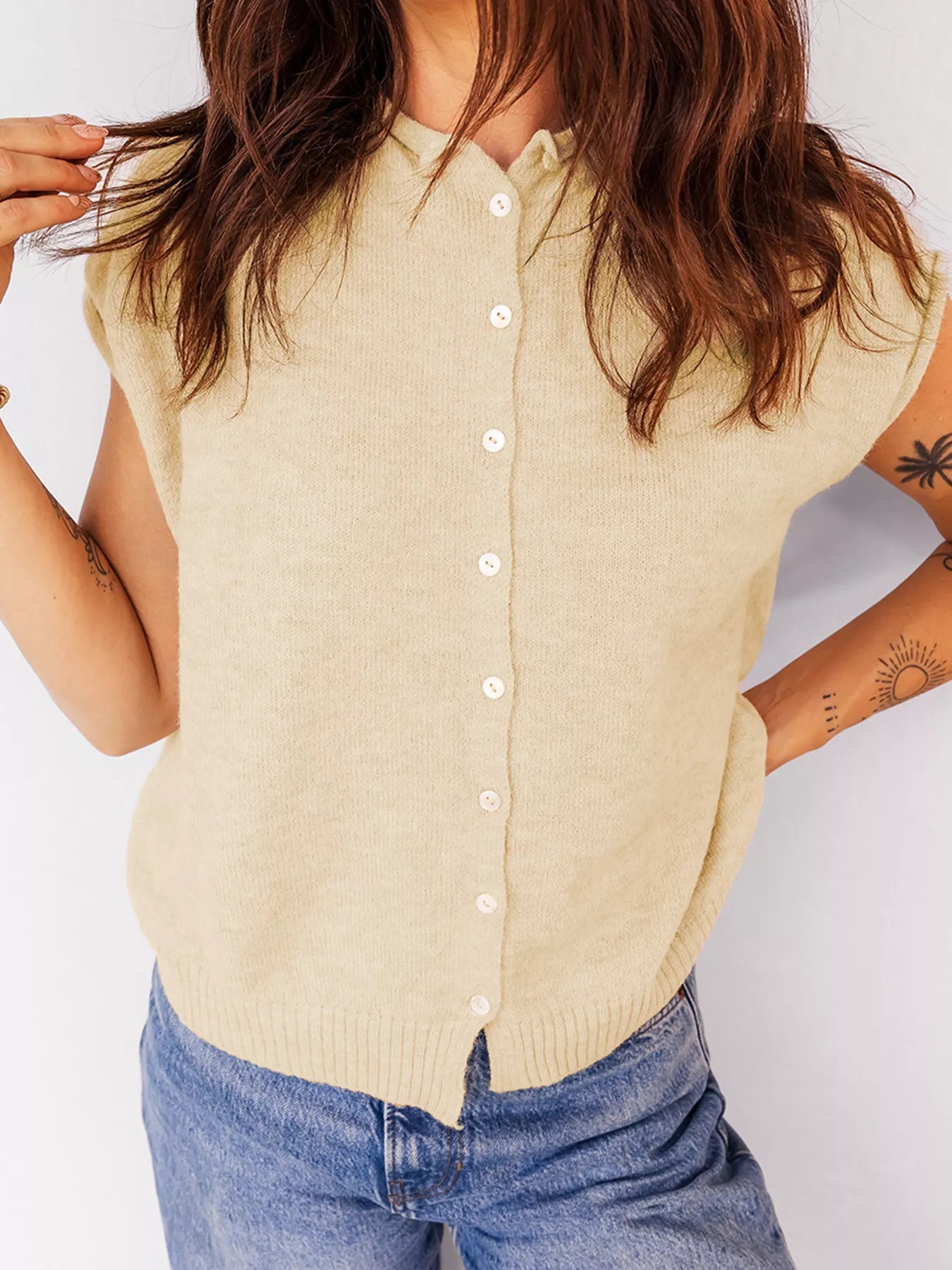 Sarah Express Women's Buttoned Front Rolled Hem Cap Sleeve Sweater Top