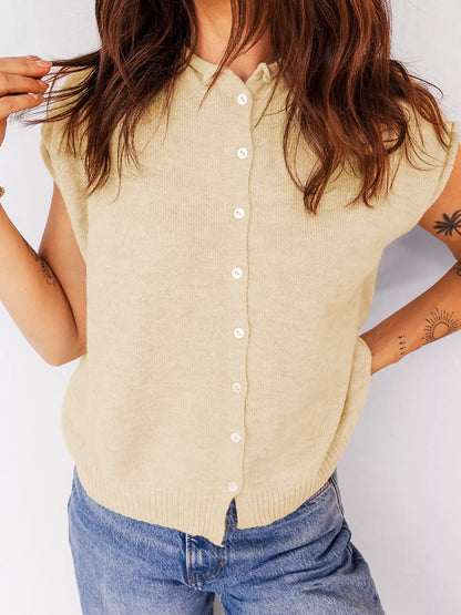 Sarah Express Women's Buttoned Front Rolled Hem Cap Sleeve Sweater Top