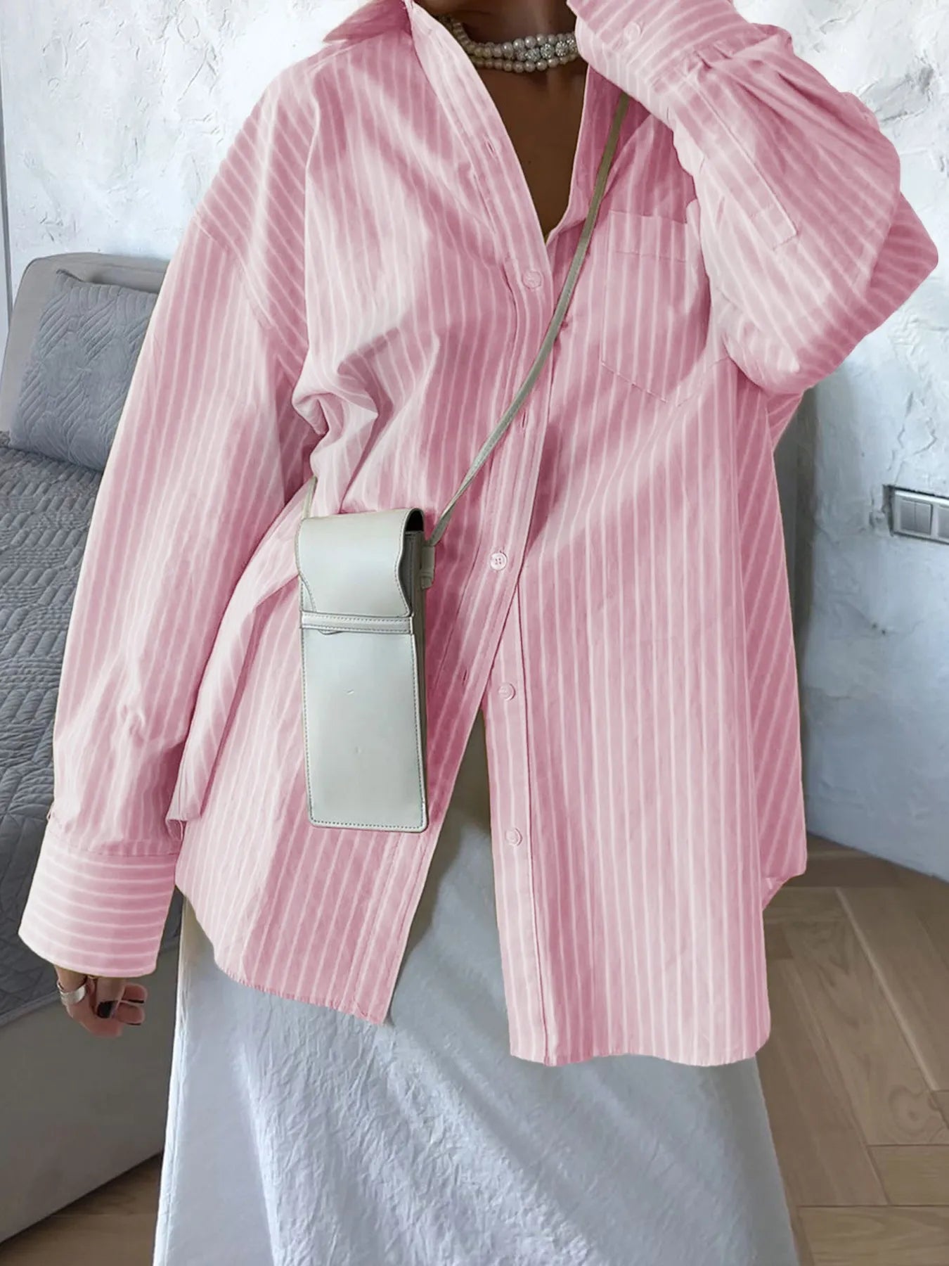 Sarah Express Women's Oversized Striped Button-Down Shirt Blush Pink