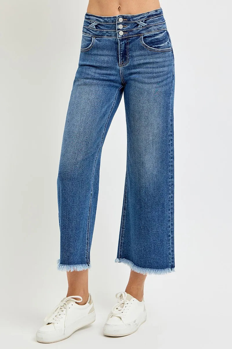 Sarah Express Women’s High Rise Crop Wide Leg Jeans with Wide Waistband
