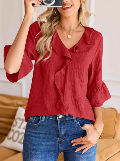 Sarah Express Women's Ruffled Flounce Sleeve Blouse - Elegant Polyester Top