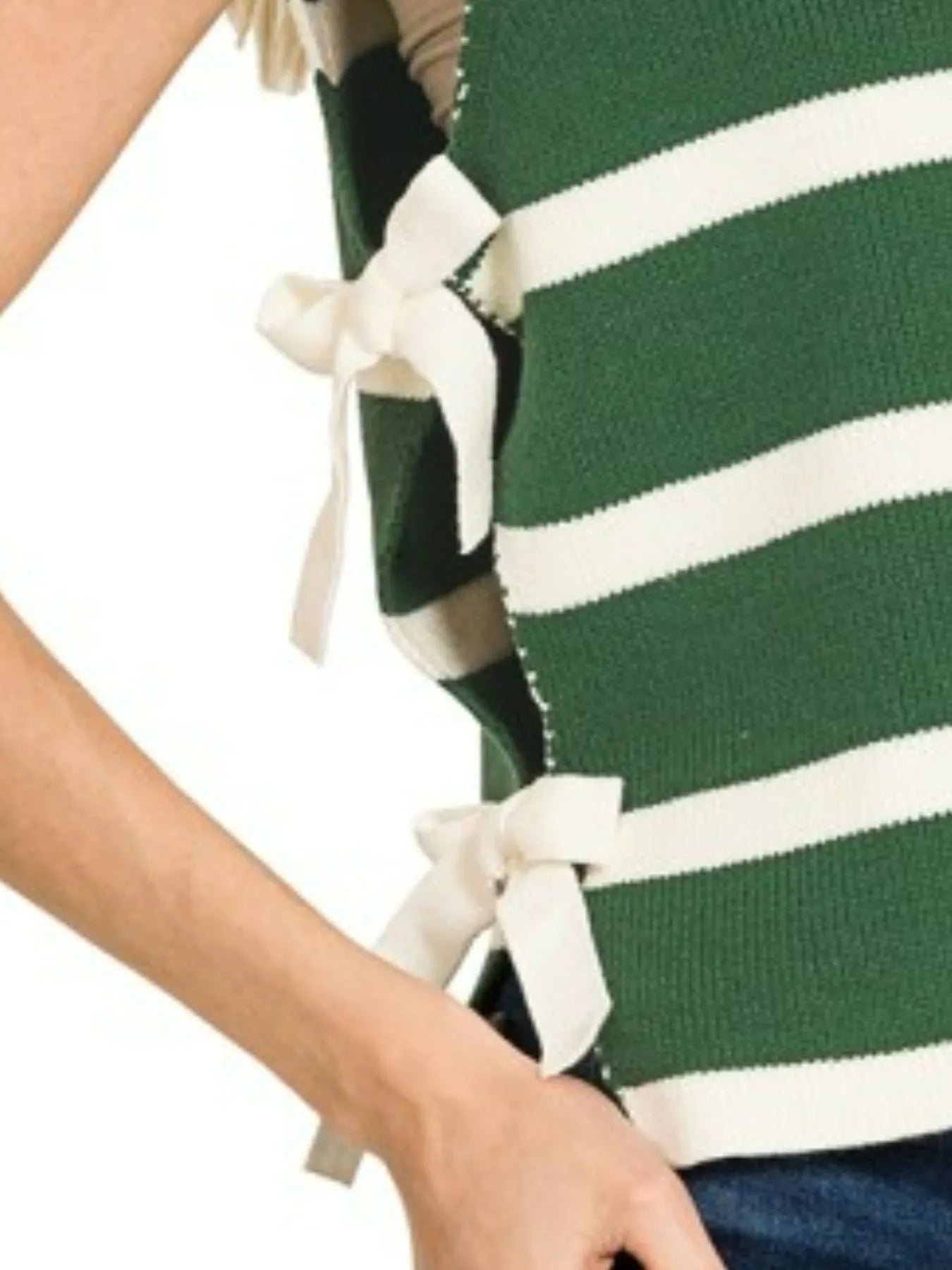 Sarah Express Women’s Top Green Striped Knit Sweater Vest with Side Ties for Casual Wear
