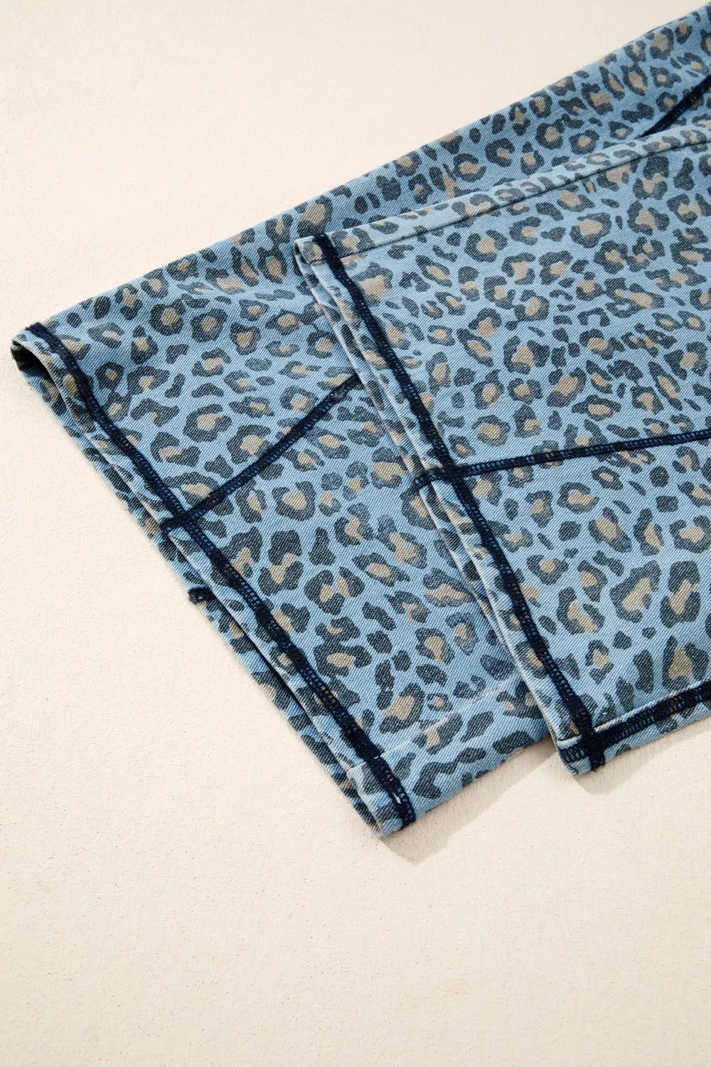 Sarah Express Women's Leopard Print Wide Leg Drawstring Jeans with Exposed Seam Detail