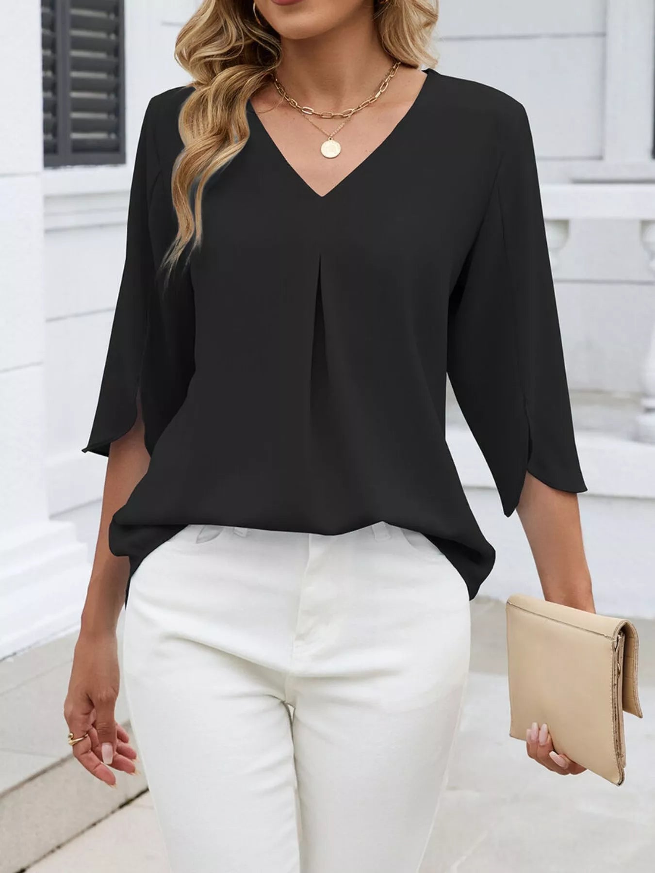 Sarah Express Women's V-Neck 3/4 Sleeve Blouse