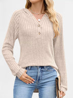 Sarah Express Women's Ribbed Knit Button Detail Hooded Top