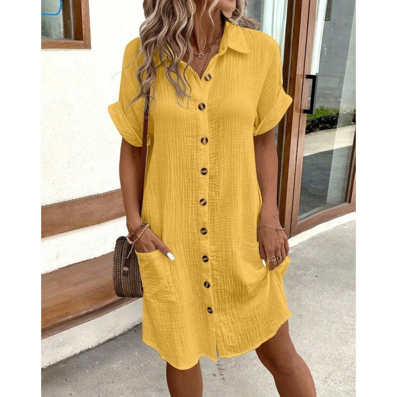 Sarah Express V-Neck Button Front Shirt Dress - A-Line Short Sleeve Women's Dress
