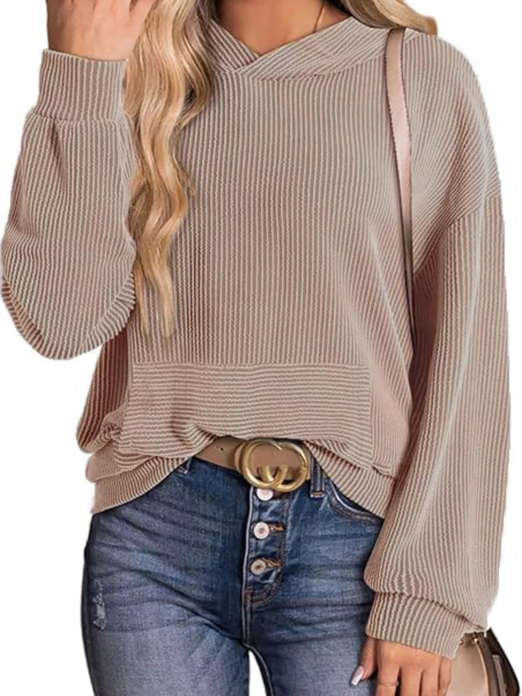 Sarah Express Women's Ribbed Oversized Hoodie Sweatshirt with Pocket