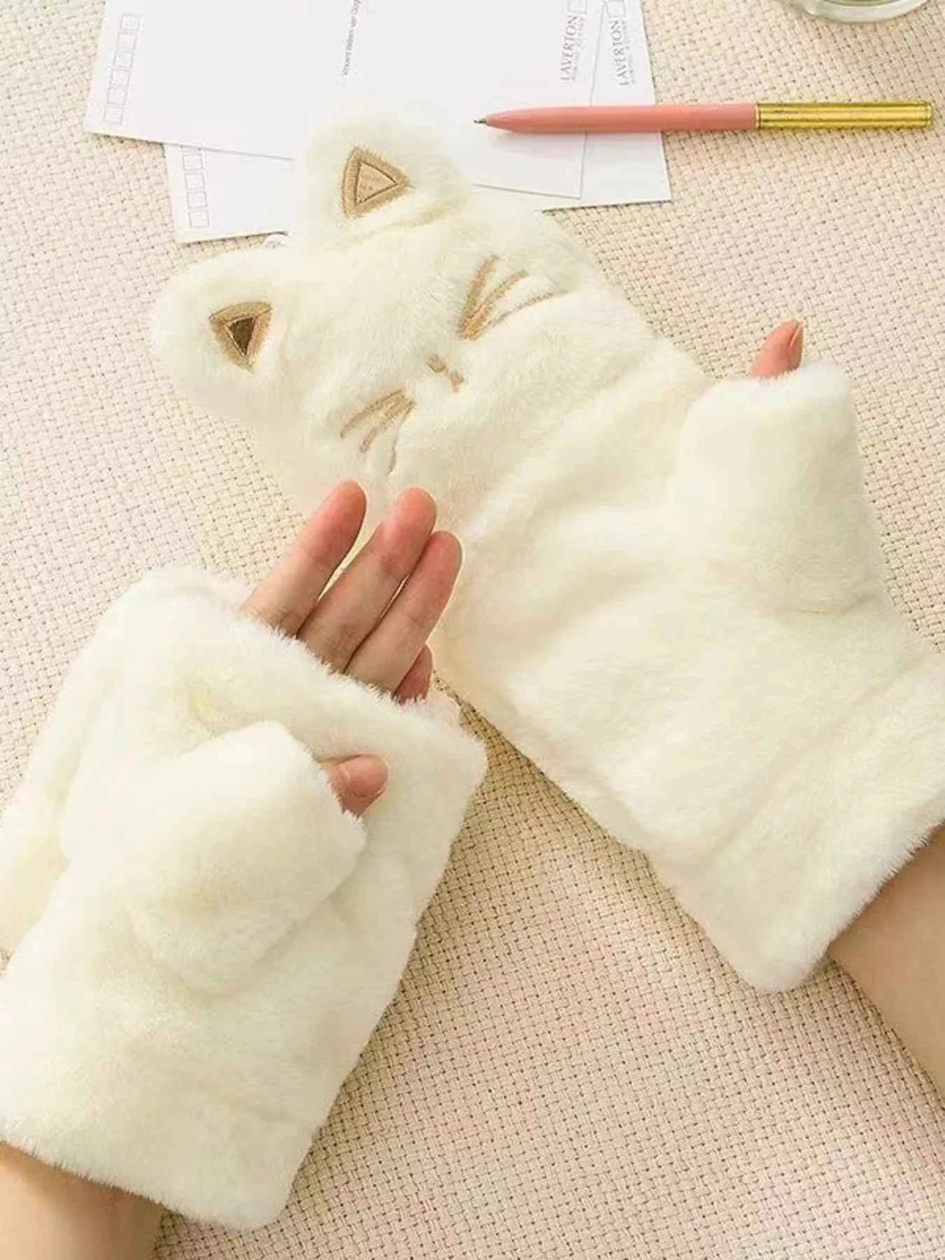 Sarah Express Women's Cat Plush Fingerless Gloves - Cute Winter Hand Warmers