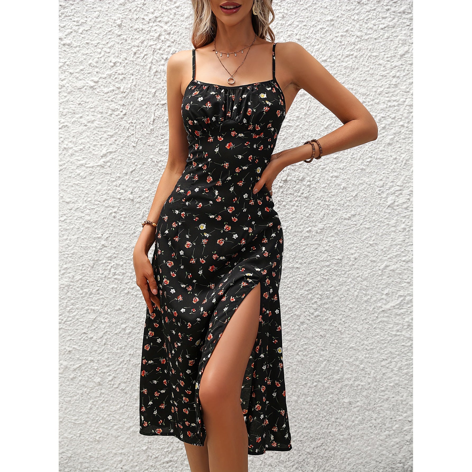 Polka Dot Print Suspender Dress Summer Split Long Dresses For Womens Clothing