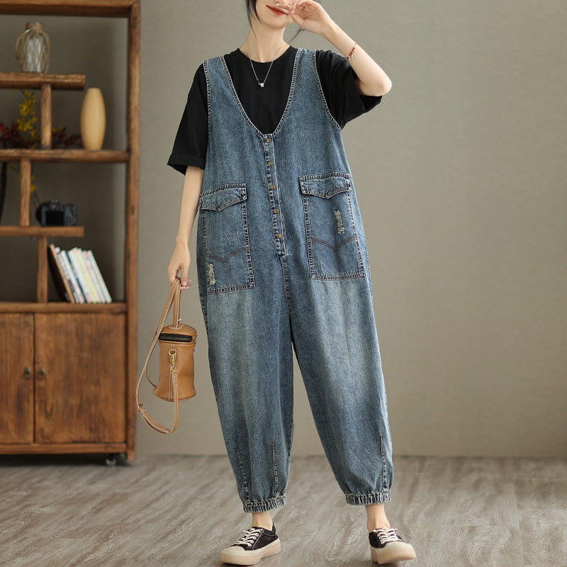 Sarah Express Women's Denim-Style Tank Top Jumpsuit - Summer Casual Cropped Ankle Length Sleeveless S-XL