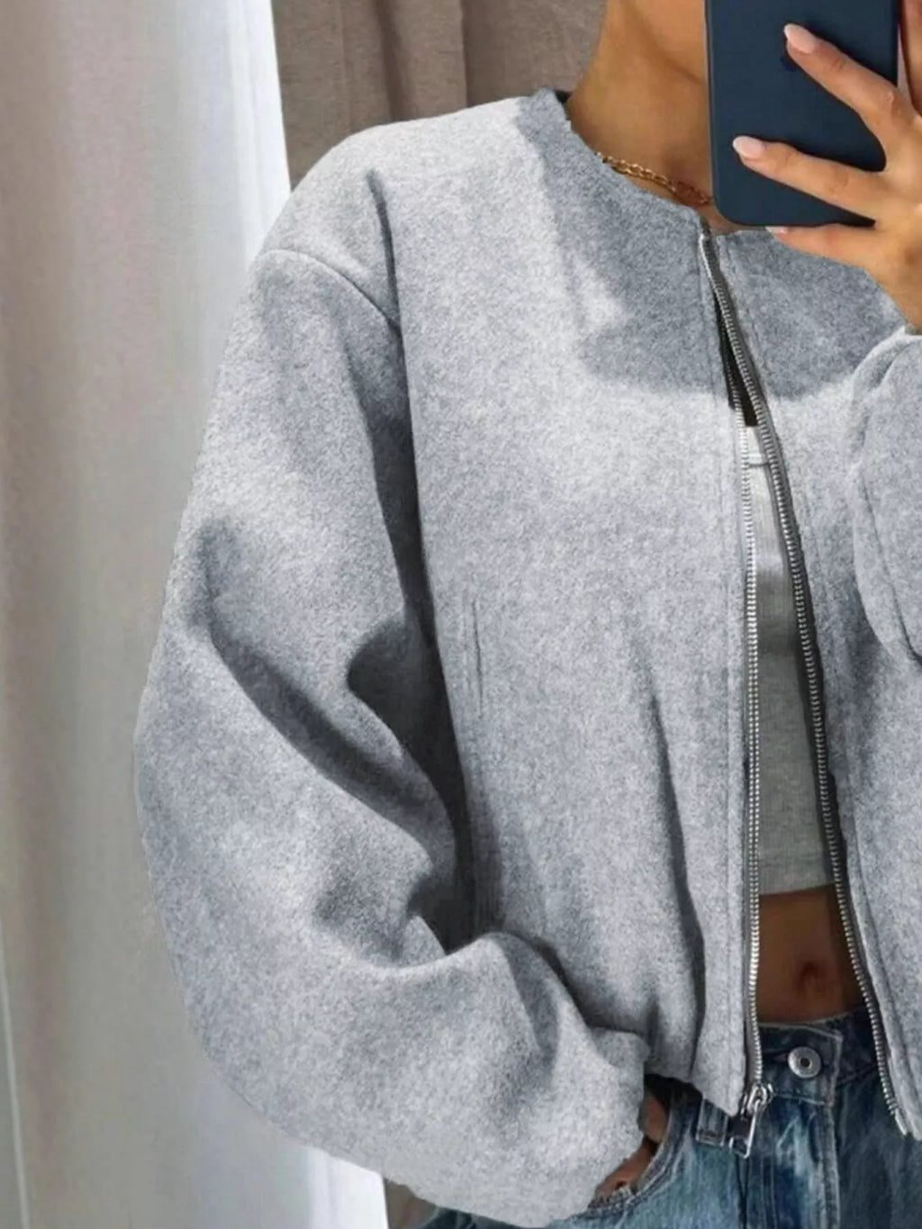 Sarah Express Women's Plus Size Casual Fleece Zip-Up Bomber Jacket