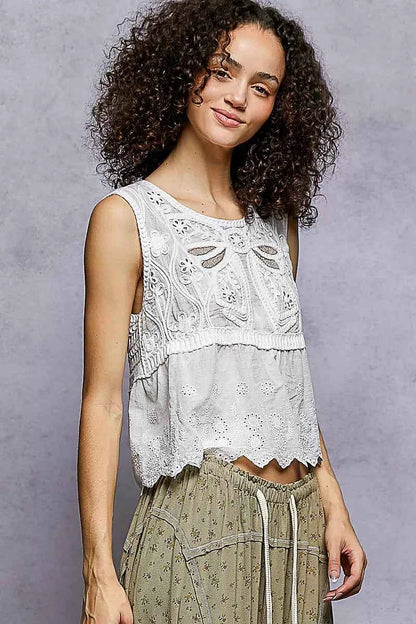 Sarah Express Women's Crochet Cropped Tank Top with Scalloped Hem - Sleeveless Summer Top