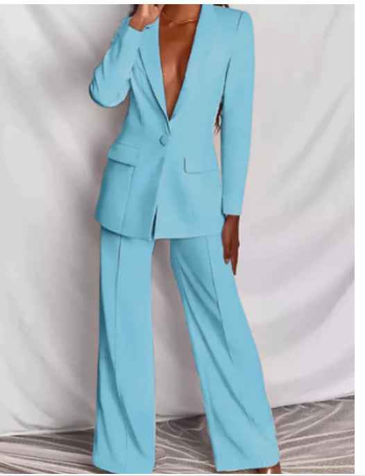 Sarah Express Women's Two Piece Blazer Suit Set - Lapel Button Down Jacket & Straight Leg Pants Light Blue