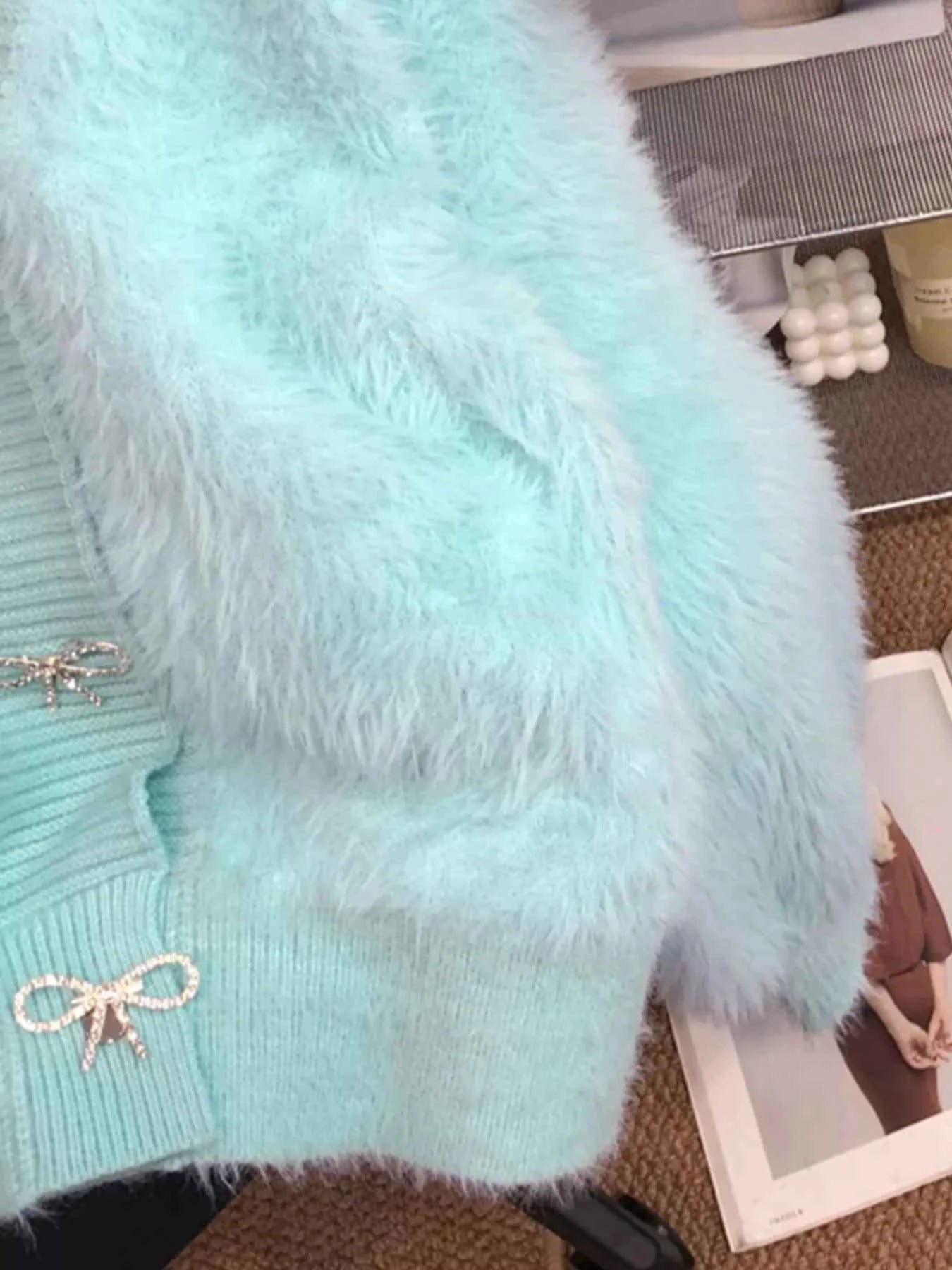 Sarah Express Women's Fuzzy Bow Button Up Cardigan - Cozy Knit Sweater