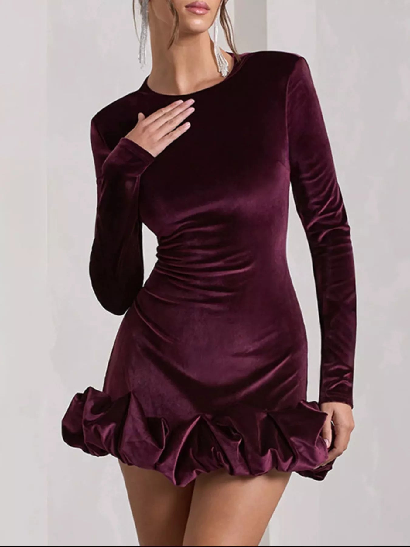 Sarah Express Women's Velvet Ruched Hem Long Sleeve Dress - Elegant Party Dress Purple