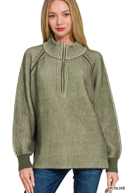 Sarah Express Women's Ribbed Two Tone Half Zip Sweater DK OLIVE