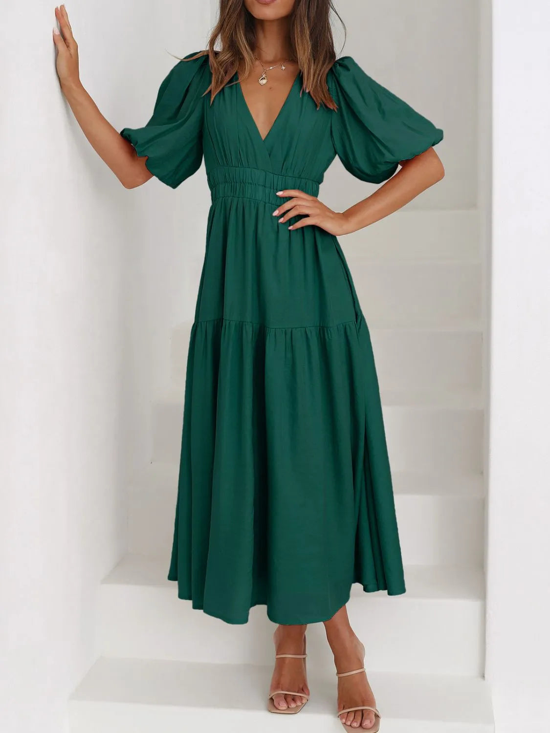 Sarah Express Women's V-Neck Puff Sleeve Midi Dress Dark Green