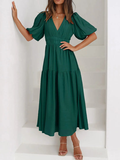 Sarah Express Women's V-Neck Puff Sleeve Midi Dress Dark Green