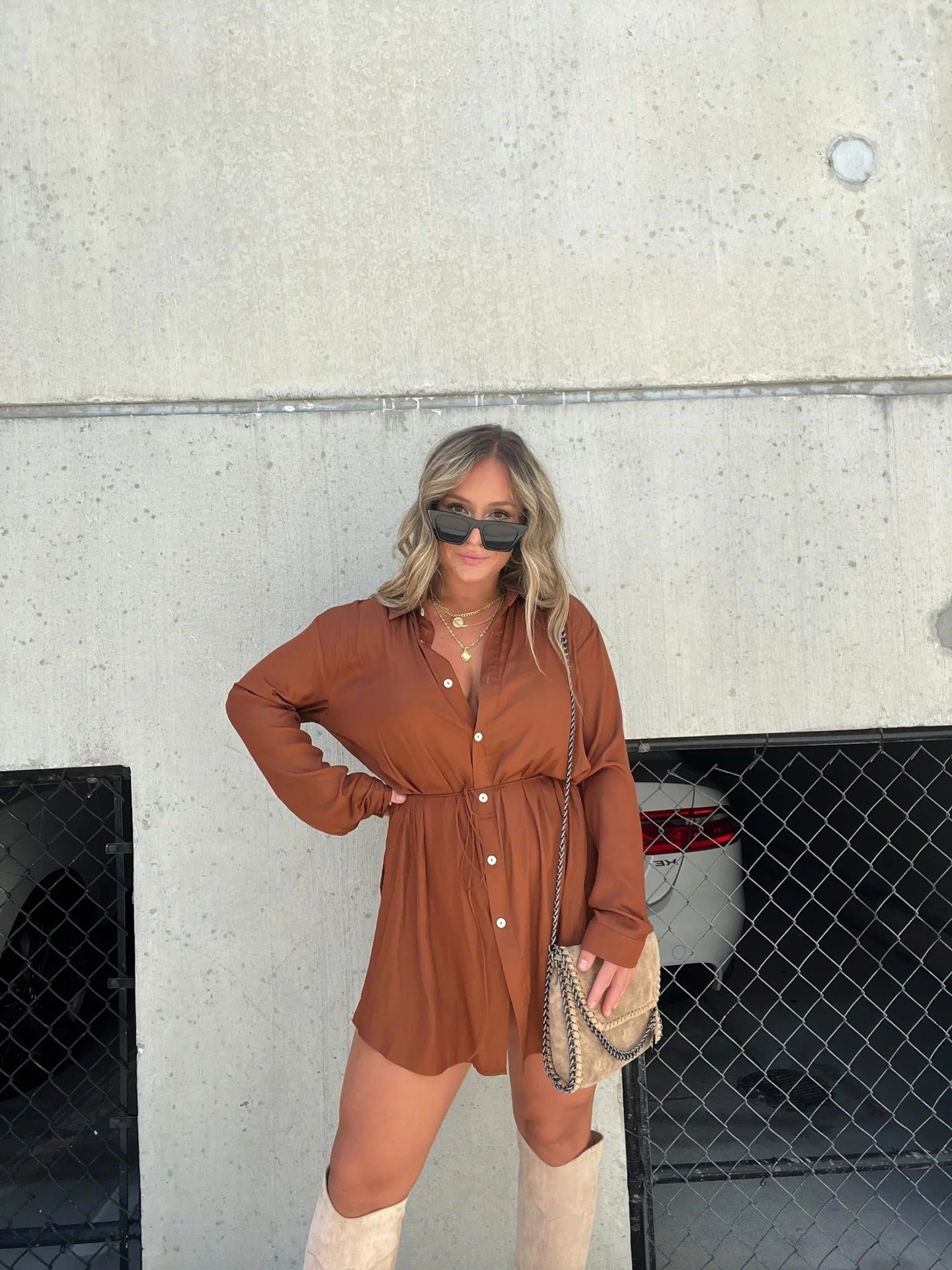 Sarah Express Women's Long Sleeve Button-Down Romper Shorts Jumpsuit Rust