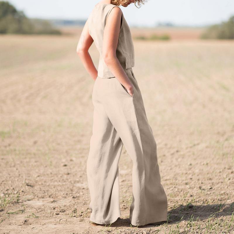 Sarah Express Cotton Linen Loose Two-Piece Set Top and Pants