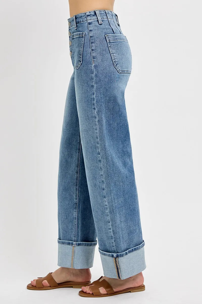 Sarah Express Women’s High Rise Cuffed Wide Leg Jeans with Patch Pockets

