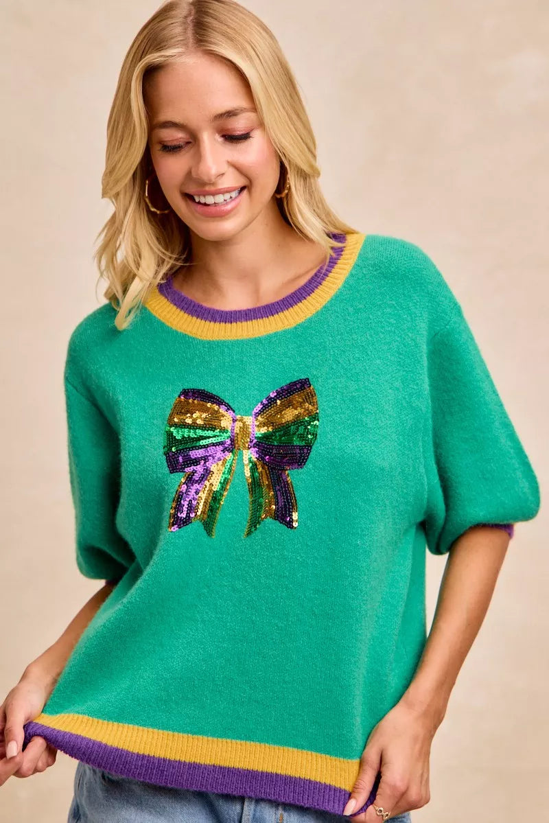 Sarah Express Women's Mardi Gras Sequin Ribbon Patched Sweater
