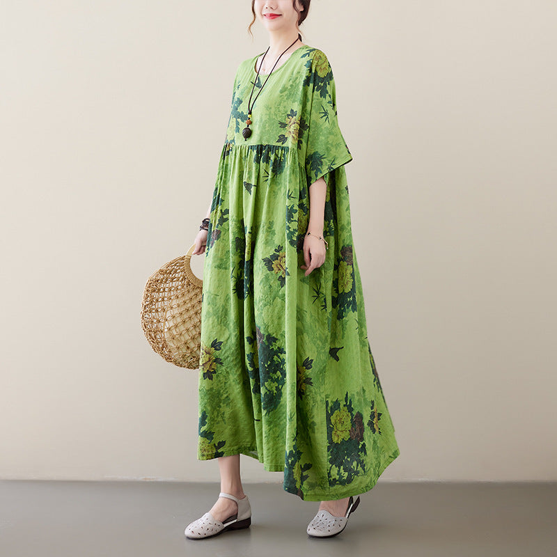 Sarah Express Renaissance Cotton Blend Maxi Dress Short Sleeve Round Neck Swing Silhouette