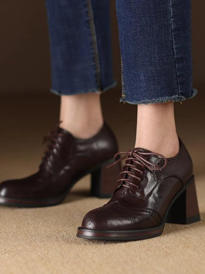 Sarah Express Women's British-Style Round-Toe Chunky Heel Pumps | Cross-Tie Strap Dress Shoes