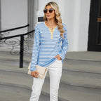 Sarah Express Women's V-Neck Striped Long Sleeve T-Shirt Loose Fit Casual Top